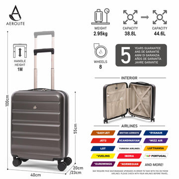 Aerolite Expandable 55x40x20cm to 55x40x23cm Ryanair Priority, Wizz Air Priority, Lufthansa Max Size Lightweight Hard Shell Carry On Hand Cabin Luggage Suitcase with 4 dual spinner wheels (CHARCOAL)
